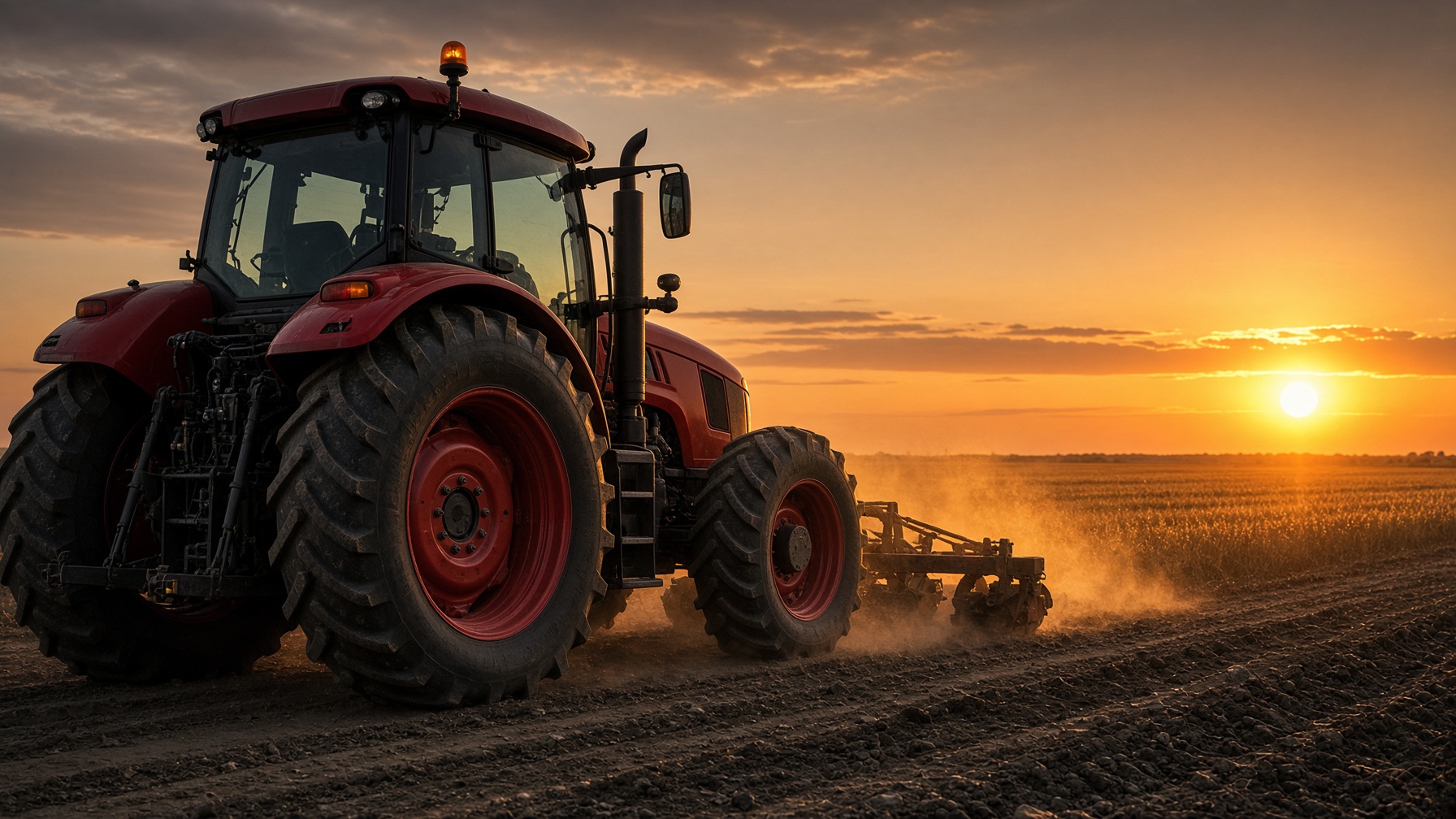 Farm tractor working a field at sunset